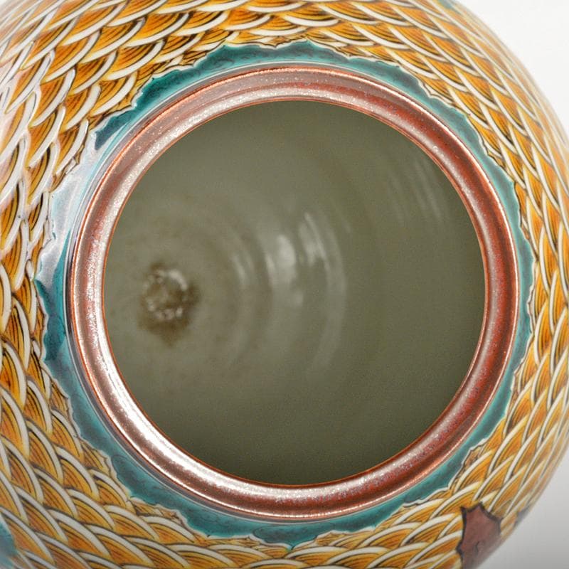 九谷焼　三代三ツ井為吉作　色絵山水紋　花生　共布共箱　M　R6752B