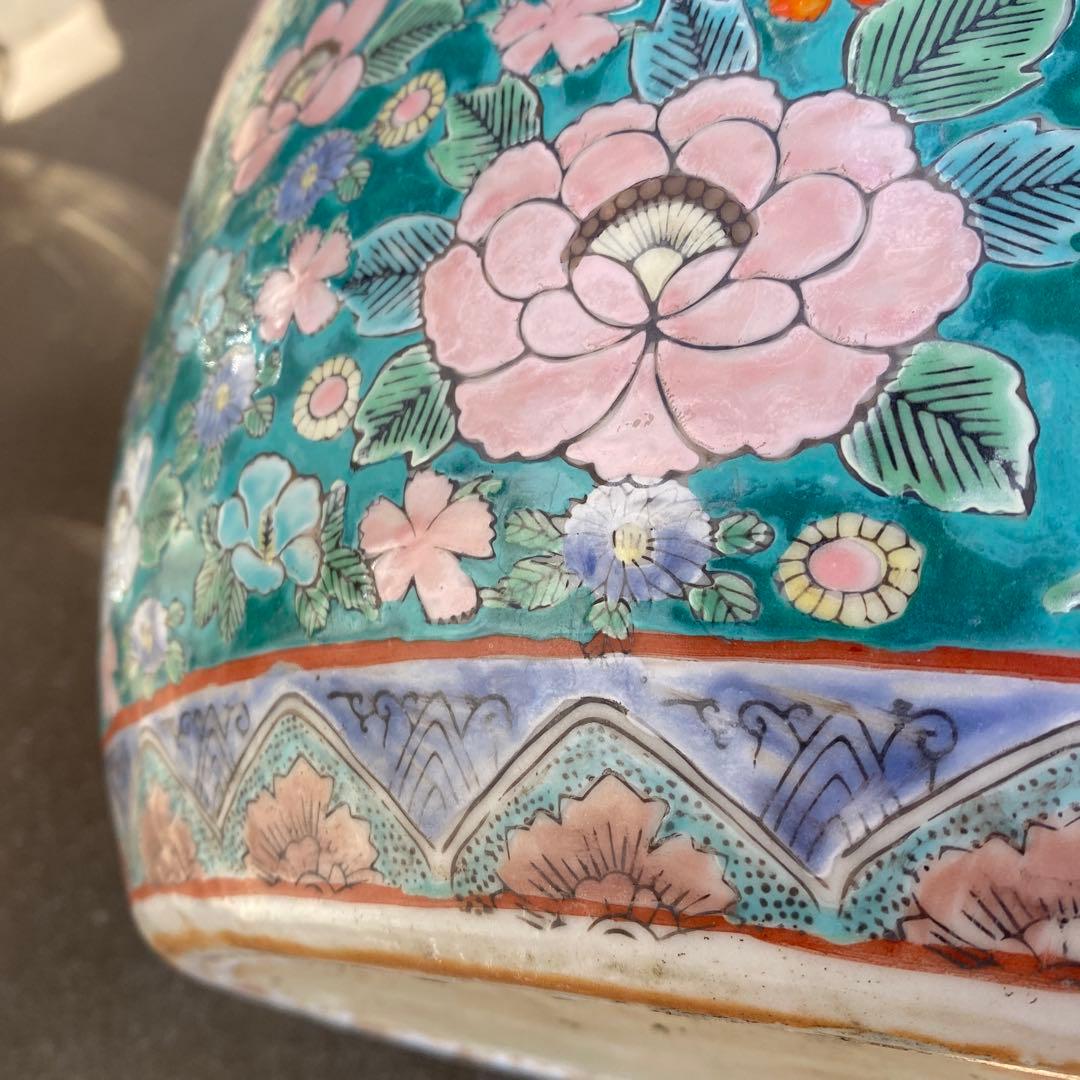 中国古玩　青系花柄陶器製水鉢37cm28cm