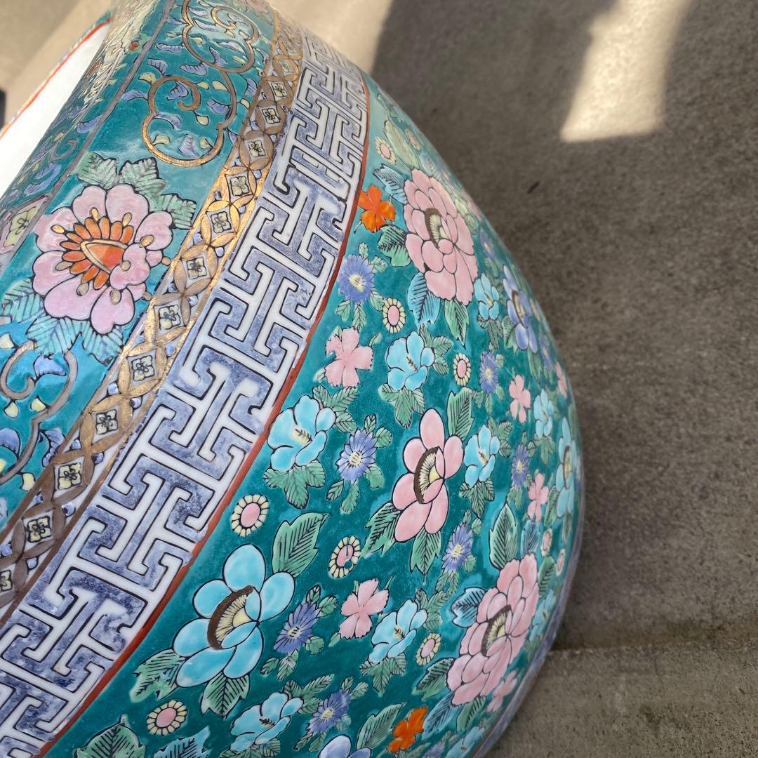 中国古玩　青系花柄陶器製水鉢37cm28cm