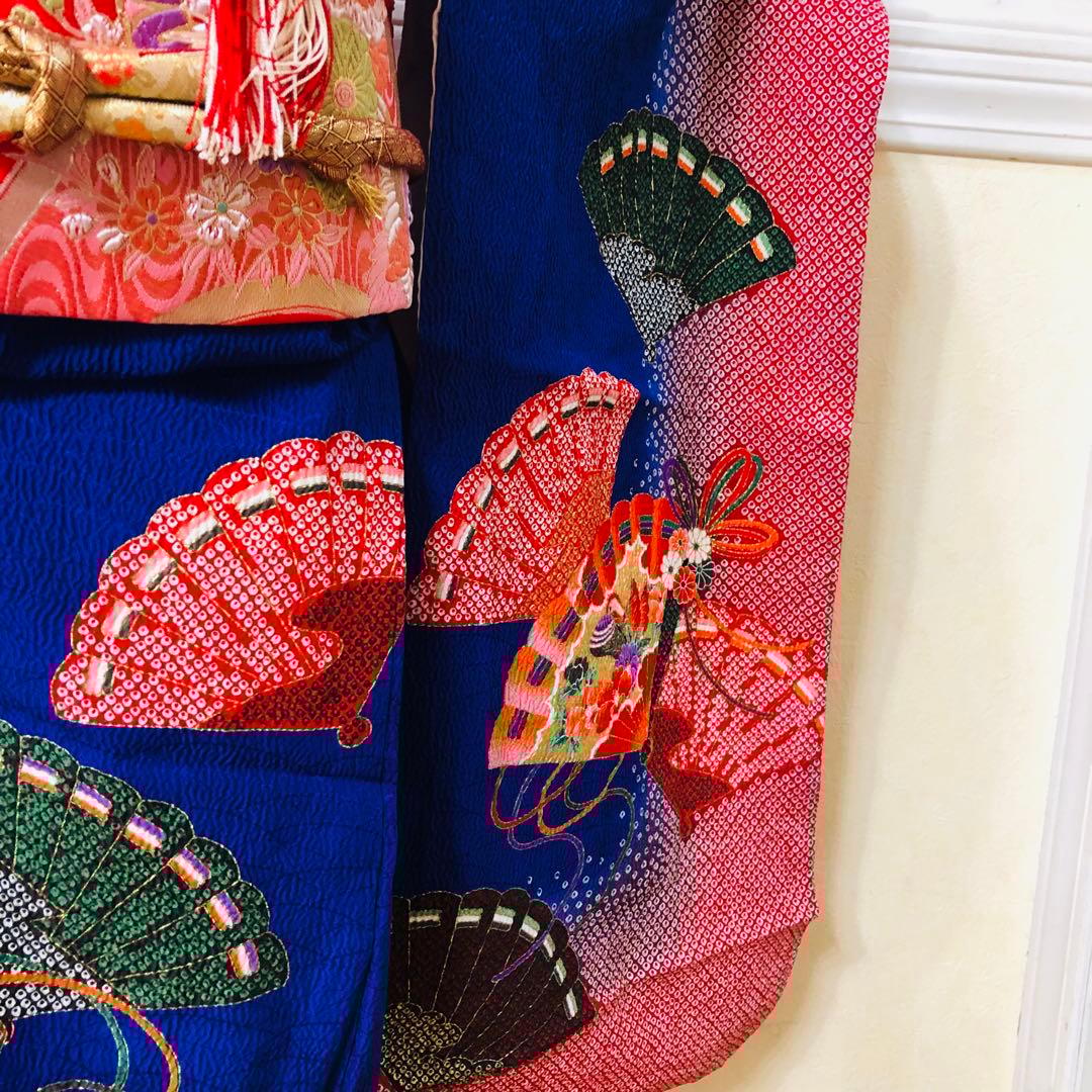 七五三7歳❣️人気Blue暈し絞り柄❣️扇鴛鴦花々金彩煌びやか際立つ完全フルセット❣️