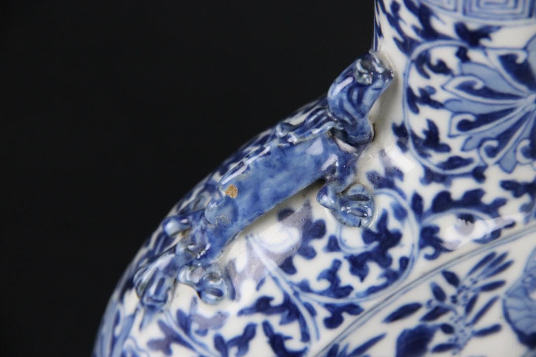 中国美術　青花花鳥文　双龍耳　抱月瓶　清時代　景徳鎮　古陶磁　扁壺 Eo5-6