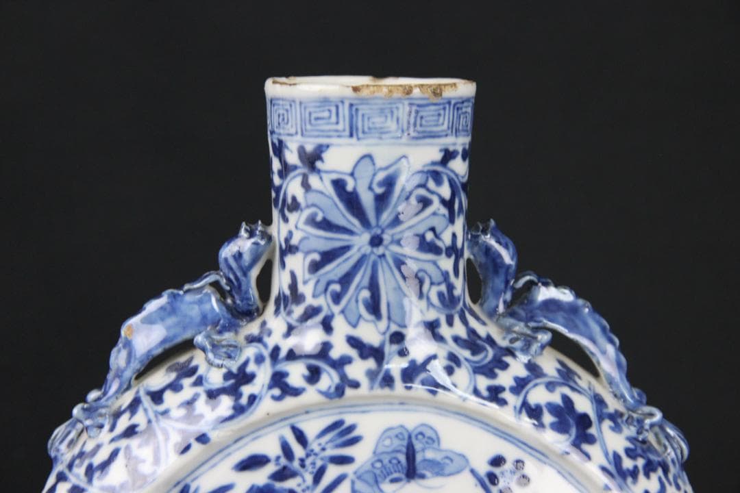 中国美術　青花花鳥文　双龍耳　抱月瓶　清時代　景徳鎮　古陶磁　扁壺 Eo5-6