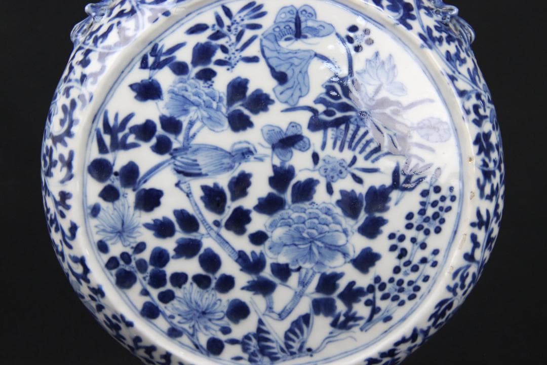 中国美術　青花花鳥文　双龍耳　抱月瓶　清時代　景徳鎮　古陶磁　扁壺 Eo5-6