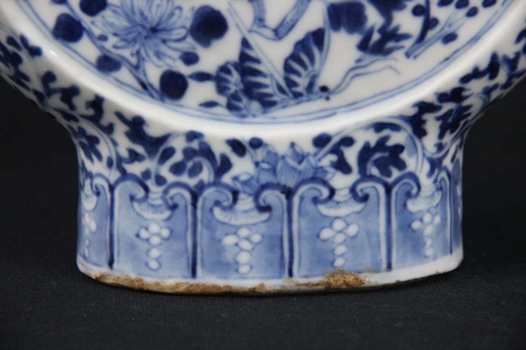 中国美術　青花花鳥文　双龍耳　抱月瓶　清時代　景徳鎮　古陶磁　扁壺 Eo5-6