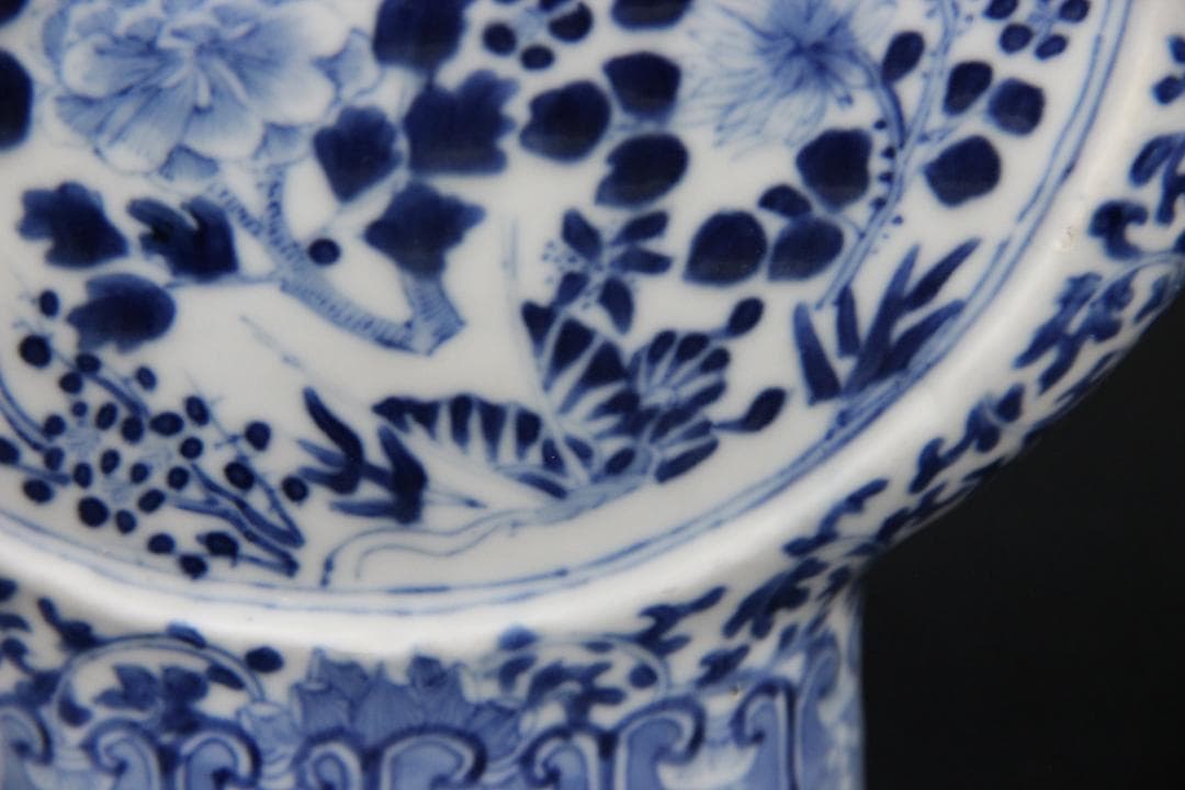 中国美術　青花花鳥文　双龍耳　抱月瓶　清時代　景徳鎮　古陶磁　扁壺 Eo5-6