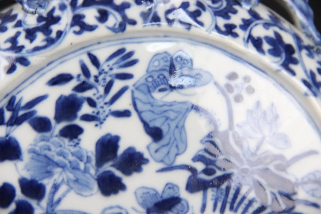 中国美術　青花花鳥文　双龍耳　抱月瓶　清時代　景徳鎮　古陶磁　扁壺 Eo5-6