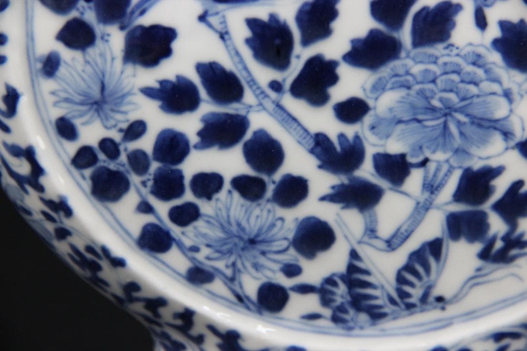 中国美術　青花花鳥文　双龍耳　抱月瓶　清時代　景徳鎮　古陶磁　扁壺 Eo5-6