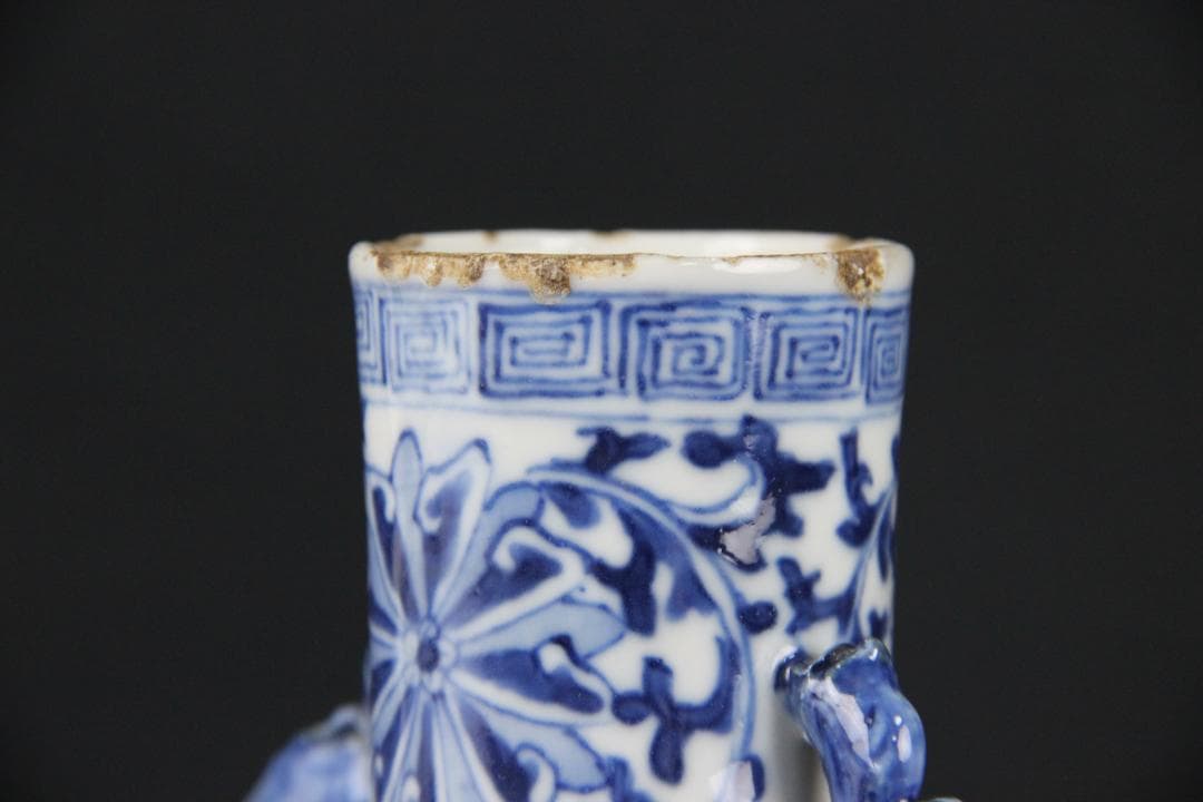 中国美術　青花花鳥文　双龍耳　抱月瓶　清時代　景徳鎮　古陶磁　扁壺 Eo5-6