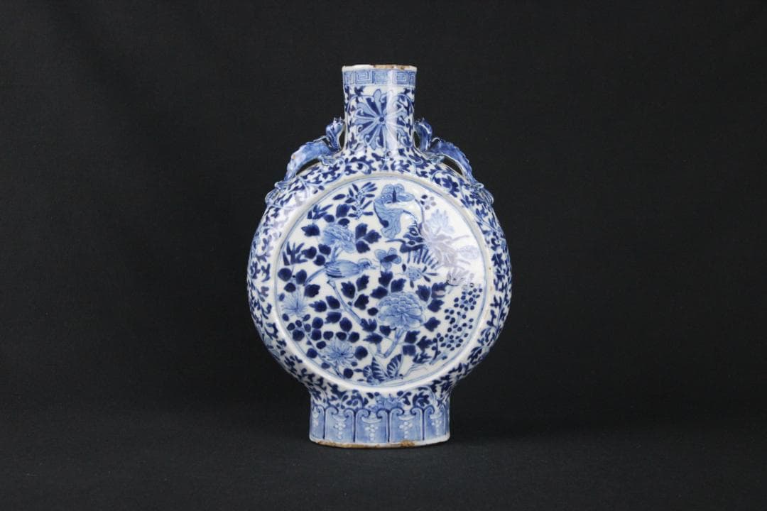 中国美術　青花花鳥文　双龍耳　抱月瓶　清時代　景徳鎮　古陶磁　扁壺 Eo5-6