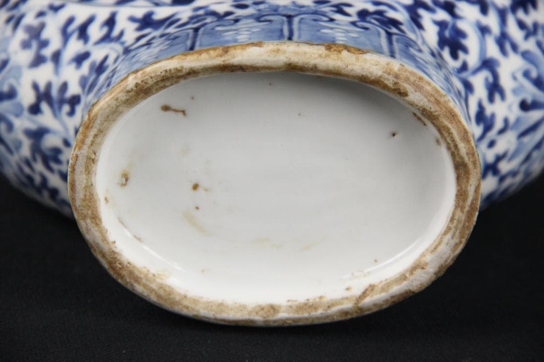 中国美術　青花花鳥文　双龍耳　抱月瓶　清時代　景徳鎮　古陶磁　扁壺 Eo5-6