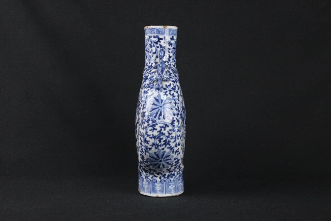 中国美術　青花花鳥文　双龍耳　抱月瓶　清時代　景徳鎮　古陶磁　扁壺 Eo5-6