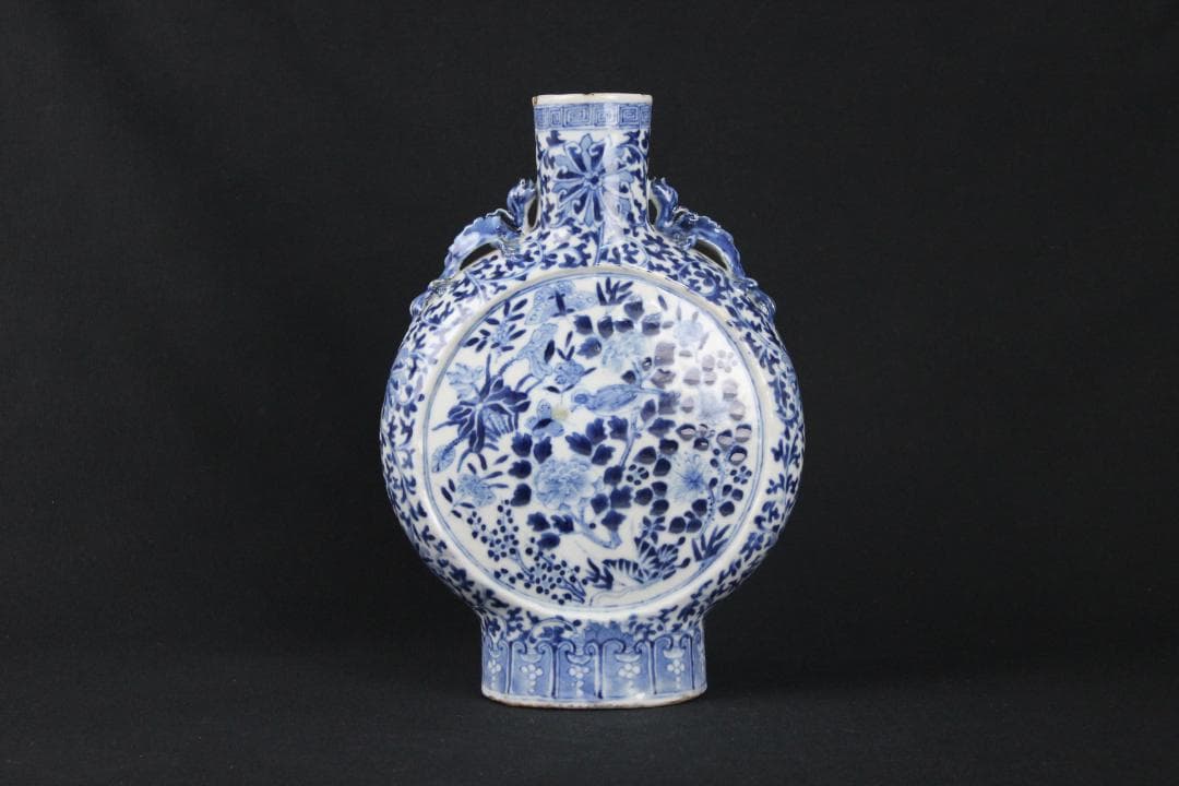 中国美術　青花花鳥文　双龍耳　抱月瓶　清時代　景徳鎮　古陶磁　扁壺 Eo5-6