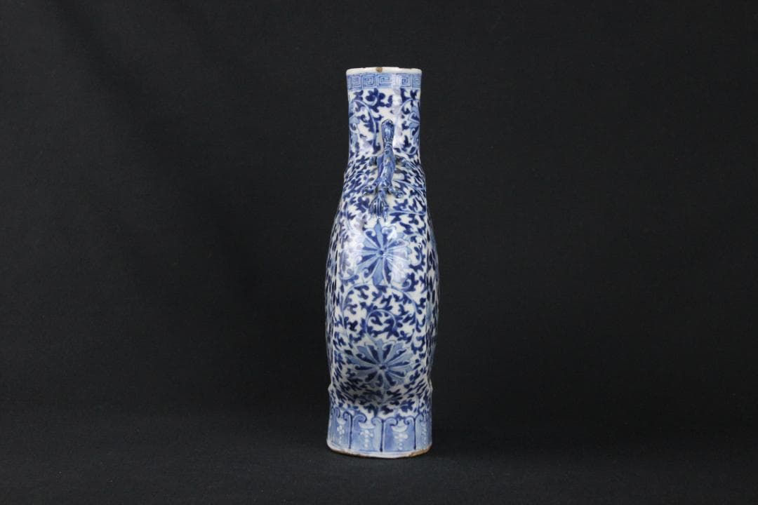 中国美術　青花花鳥文　双龍耳　抱月瓶　清時代　景徳鎮　古陶磁　扁壺 Eo5-6