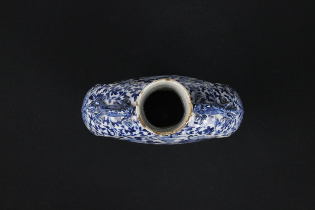 中国美術　青花花鳥文　双龍耳　抱月瓶　清時代　景徳鎮　古陶磁　扁壺 Eo5-6