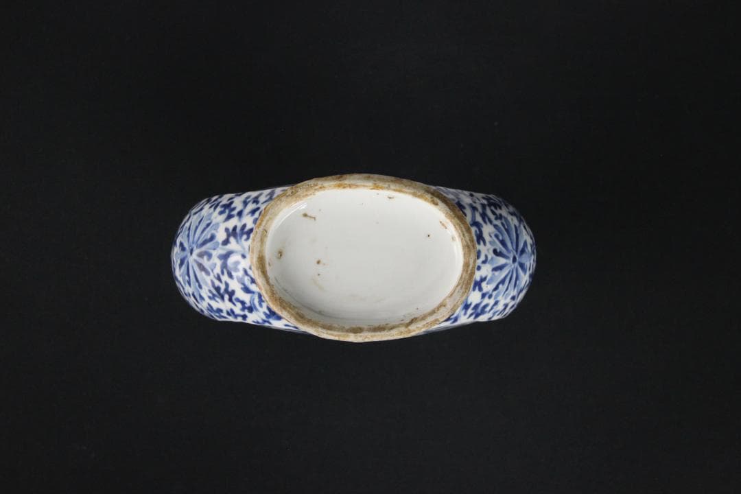 中国美術　青花花鳥文　双龍耳　抱月瓶　清時代　景徳鎮　古陶磁　扁壺 Eo5-6