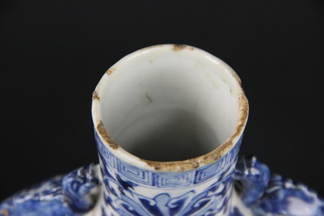 中国美術　青花花鳥文　双龍耳　抱月瓶　清時代　景徳鎮　古陶磁　扁壺 Eo5-6