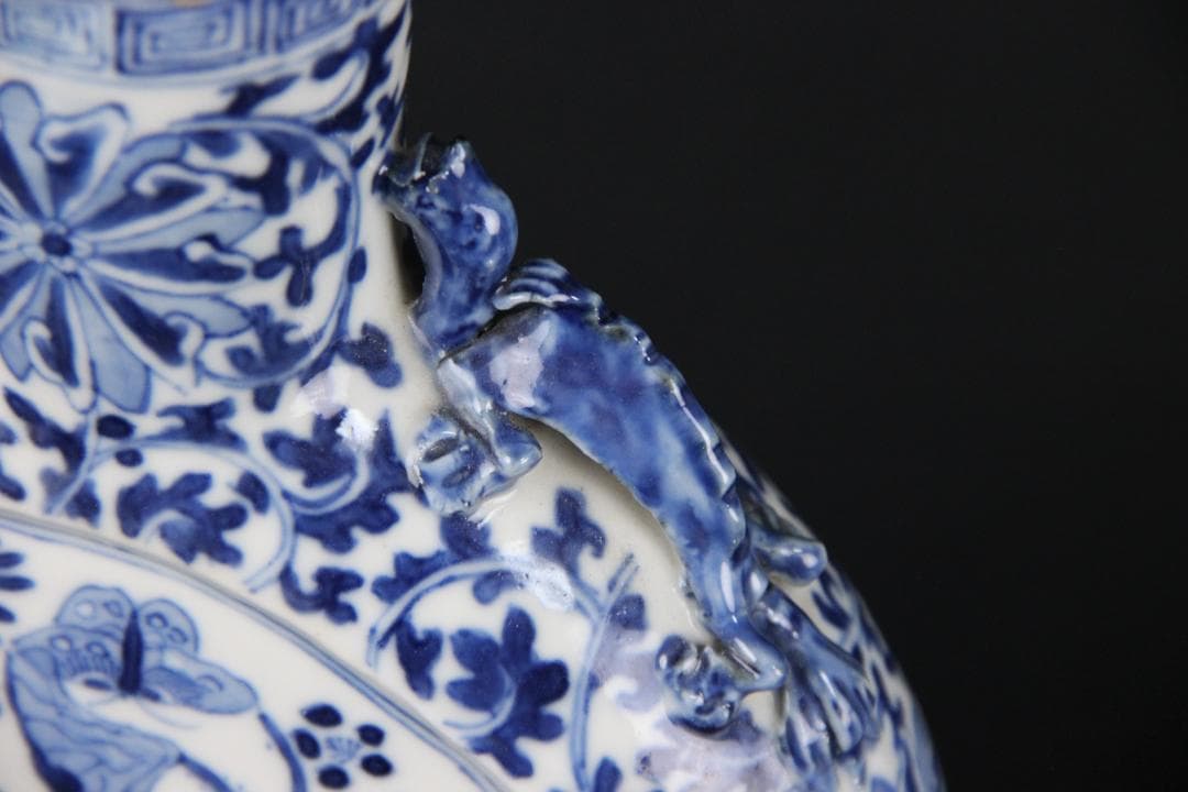 中国美術　青花花鳥文　双龍耳　抱月瓶　清時代　景徳鎮　古陶磁　扁壺 Eo5-6