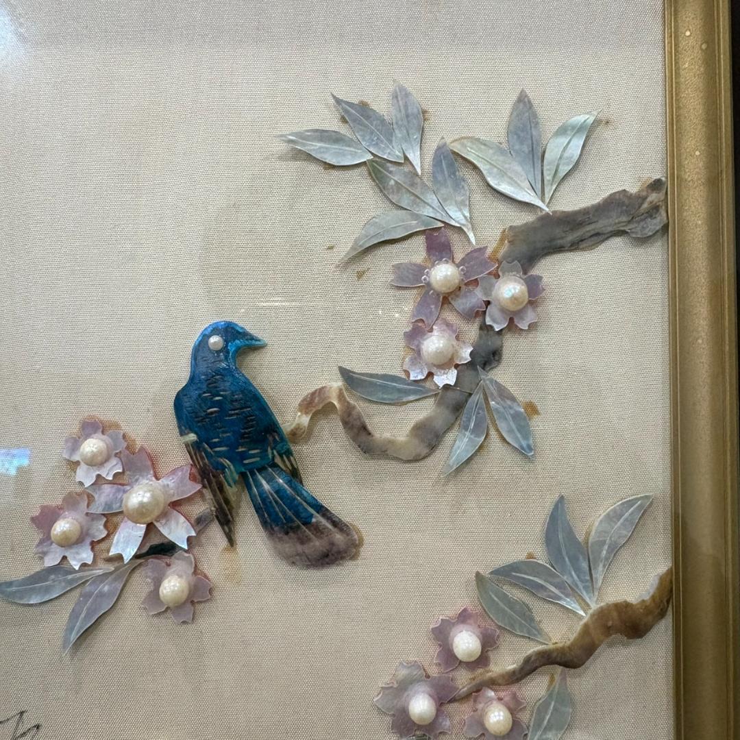 鳥 花細工 額装 アート 貝細工 立体工芸 和風インテリア 壁掛け