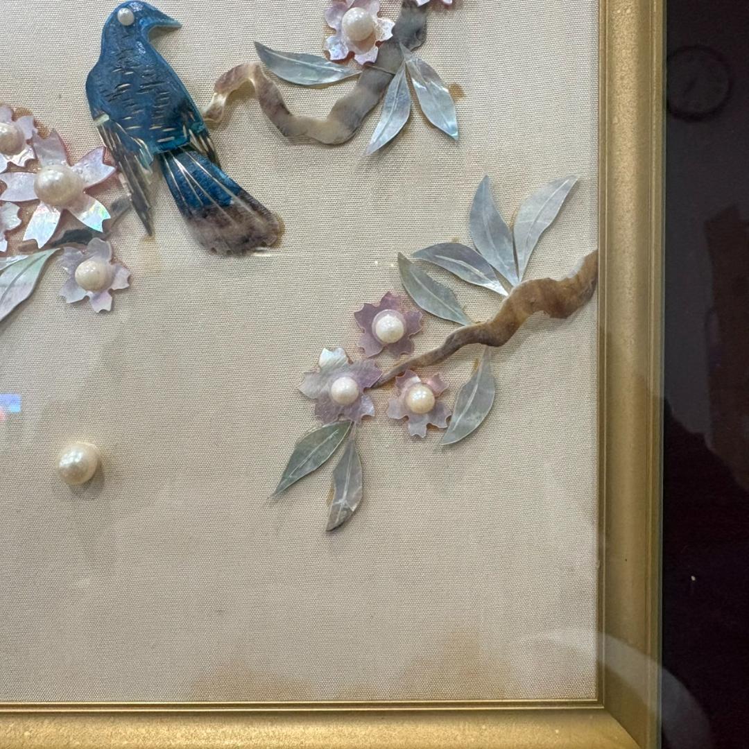 鳥 花細工 額装 アート 貝細工 立体工芸 和風インテリア 壁掛け