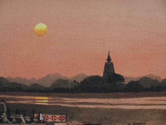 山本明比子、【ブダガヤタ景】、希少な画集画、新品高級額 額装付、状態良好