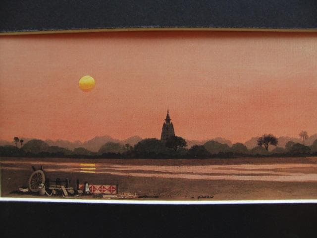 山本明比子、【ブダガヤタ景】、希少な画集画、新品高級額 額装付、状態良好