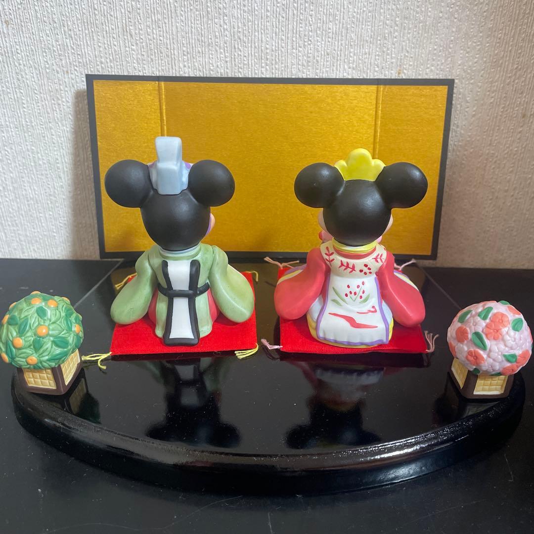 【美品】ミッキーミニーの陶磁器製ひな人形 びょうぶ 木台 座布団付き ひな祭り