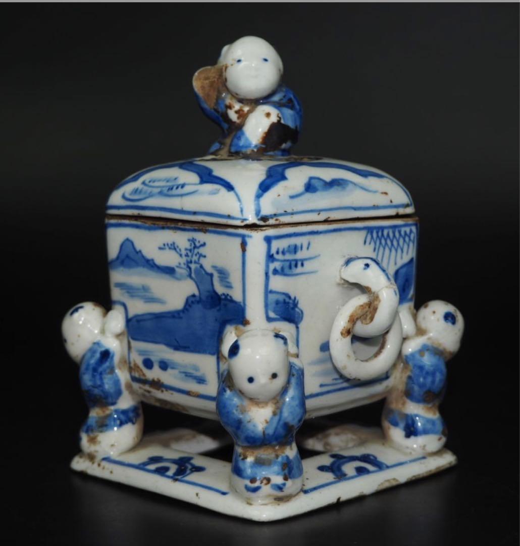 送料無料　『大明成化年製』銘　五童戯亀文香炉