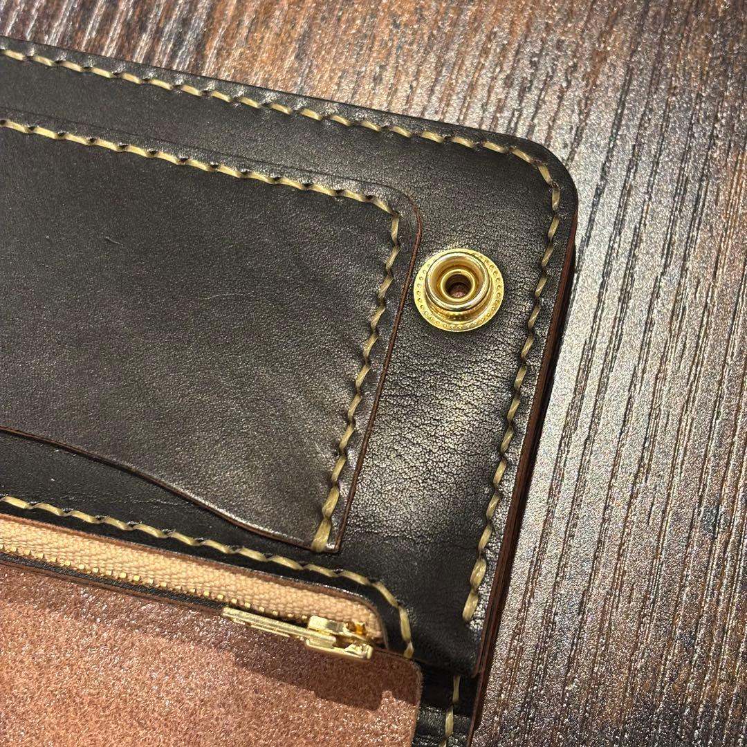 栃木レザー　ミドル　トラッカーウォレット　茶芯ブラック　3層