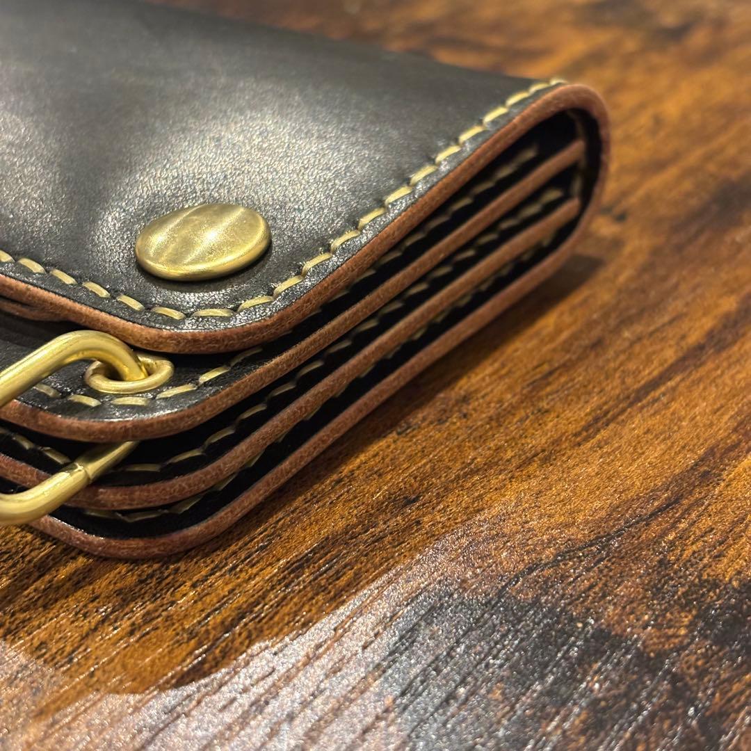 栃木レザー　ミドル　トラッカーウォレット　茶芯ブラック　3層