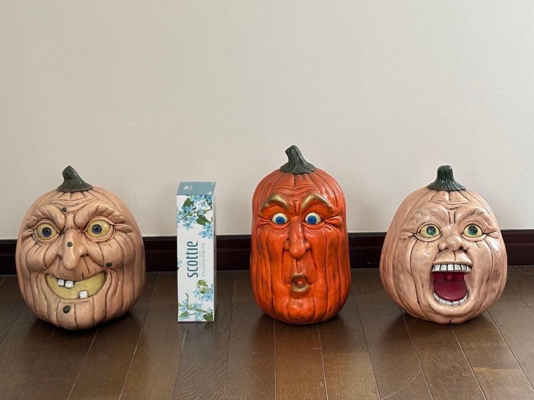 ハロウィン大きなかぼちゃ3体セット　陶器置物