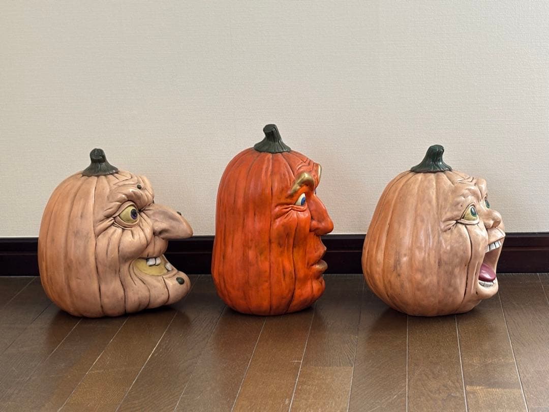 ハロウィン大きなかぼちゃ3体セット　陶器置物