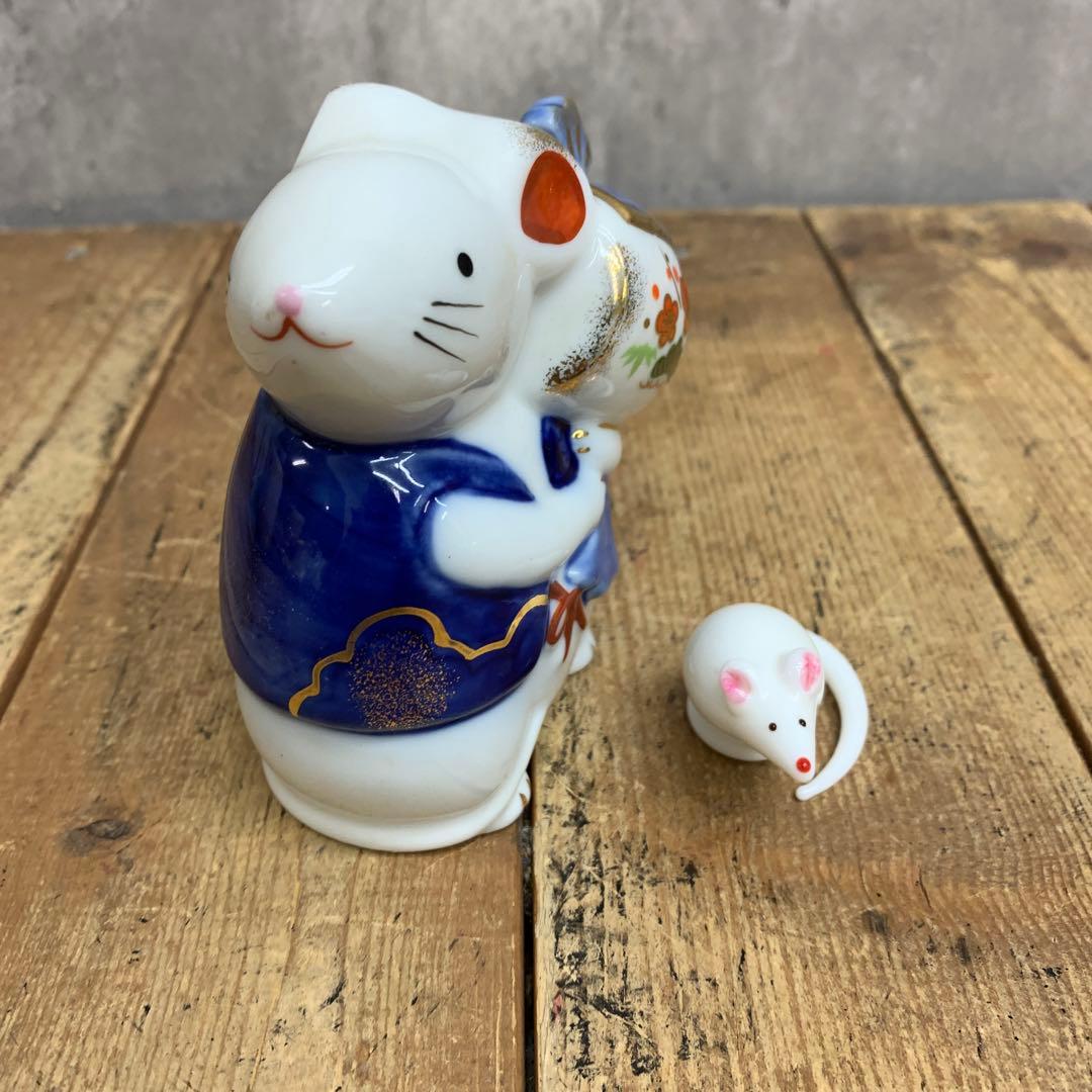 E-4 【極美品】干支 置物 子（ねずみ）親子 陶器 縁起物 打ち出の小槌 金彩