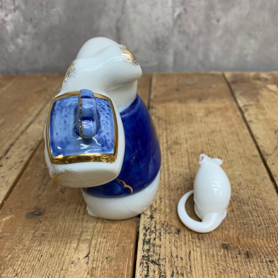 E-4 【極美品】干支 置物 子（ねずみ）親子 陶器 縁起物 打ち出の小槌 金彩