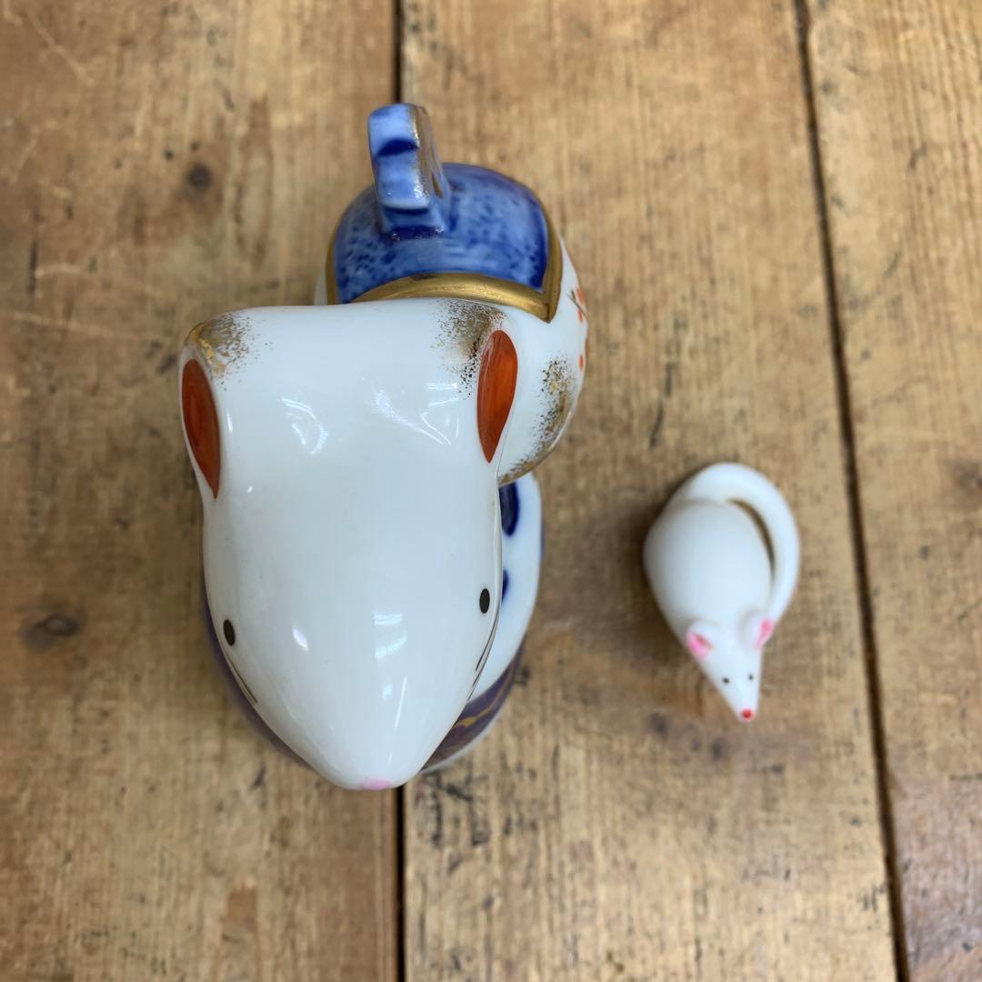 E-4 【極美品】干支 置物 子（ねずみ）親子 陶器 縁起物 打ち出の小槌 金彩