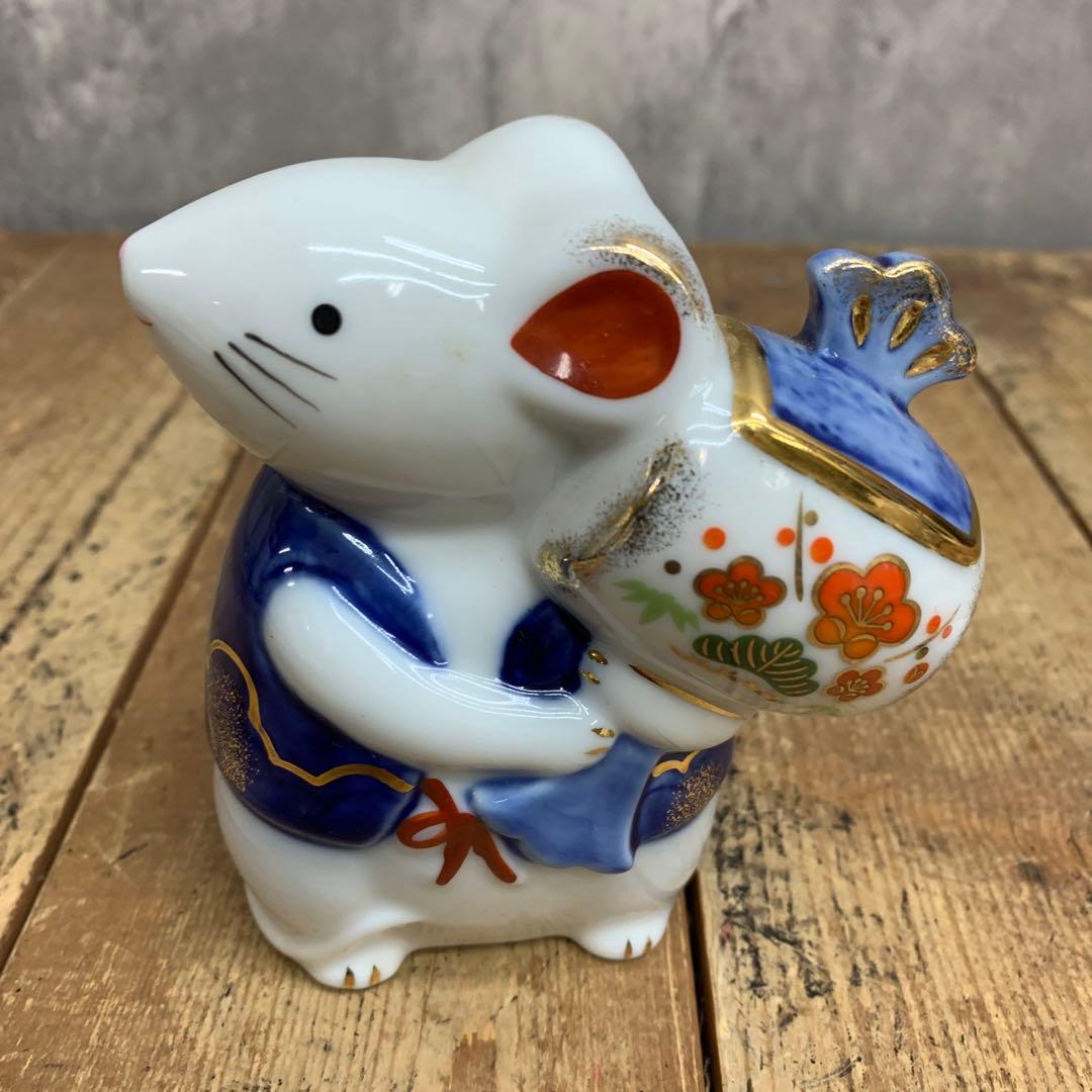 E-4 【極美品】干支 置物 子（ねずみ）親子 陶器 縁起物 打ち出の小槌 金彩