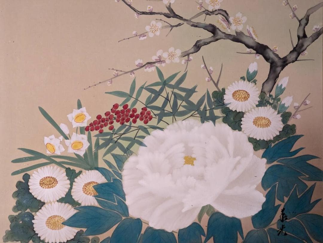 【真作】絵画　日本画10号　春の吉祥花図　白牡丹と梅の彩り　Y56