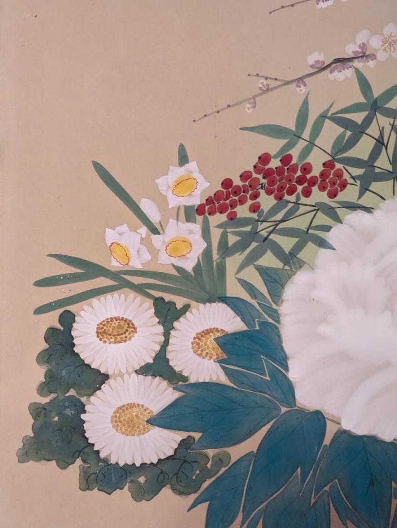 【真作】絵画　日本画10号　春の吉祥花図　白牡丹と梅の彩り　Y56