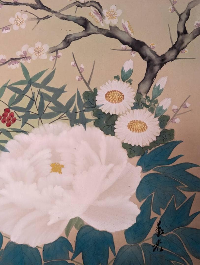 【真作】絵画　日本画10号　春の吉祥花図　白牡丹と梅の彩り　Y56