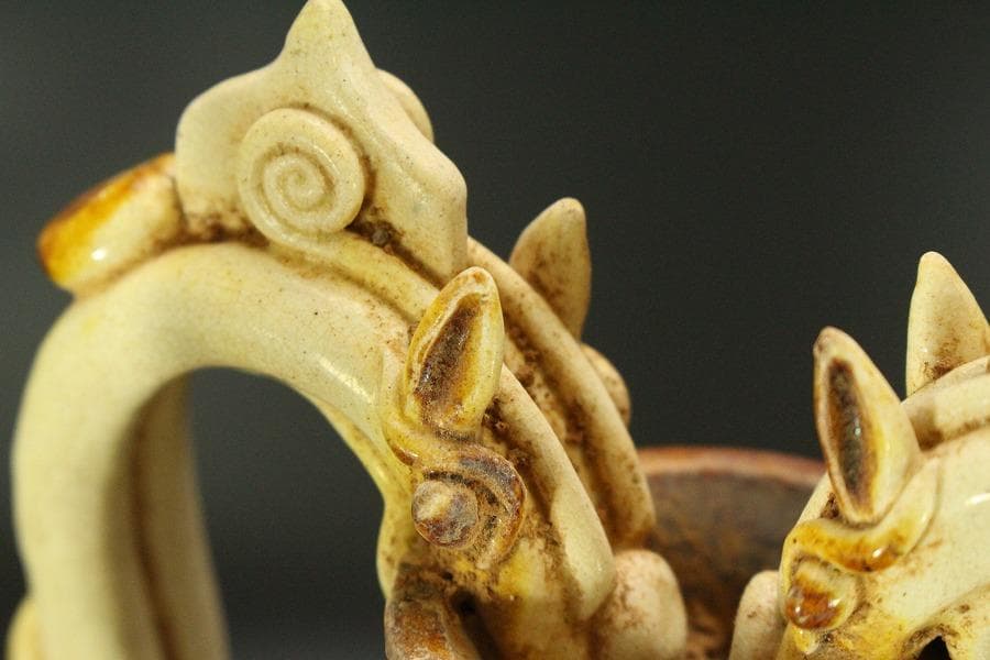 中国美術 唐三彩 双龍耳 鶏頭 瓶 高30cm 希少(LC242)