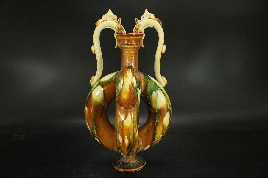 中国美術 唐三彩 双龍耳 鶏頭 瓶 高30cm 希少(LC242)