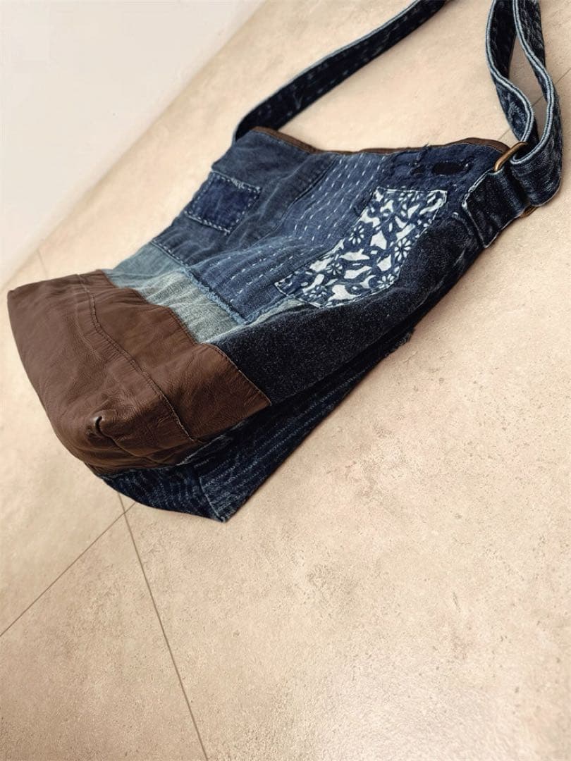 本革デニムと頭層牛革のバケットバッグハンドメイドの斜め掛けバッグ