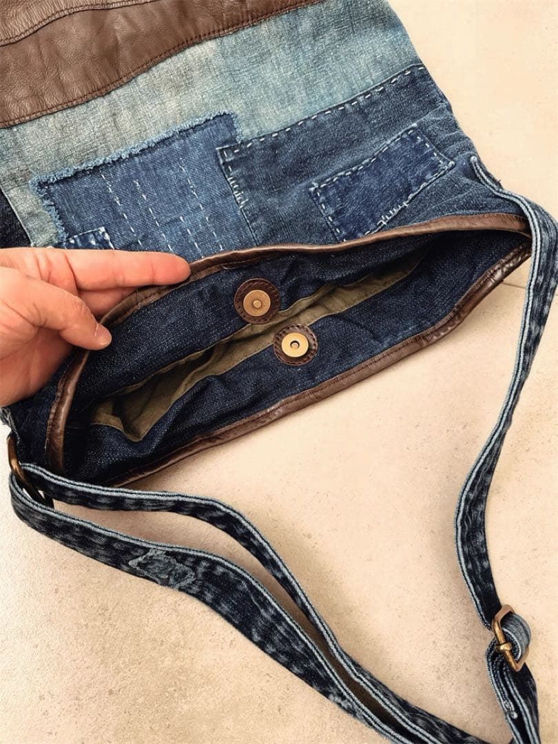 本革デニムと頭層牛革のバケットバッグハンドメイドの斜め掛けバッグ