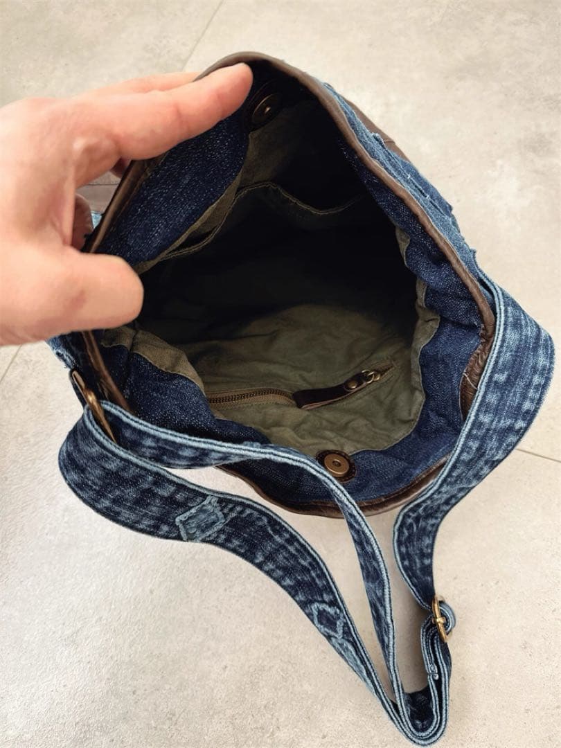 本革デニムと頭層牛革のバケットバッグハンドメイドの斜め掛けバッグ