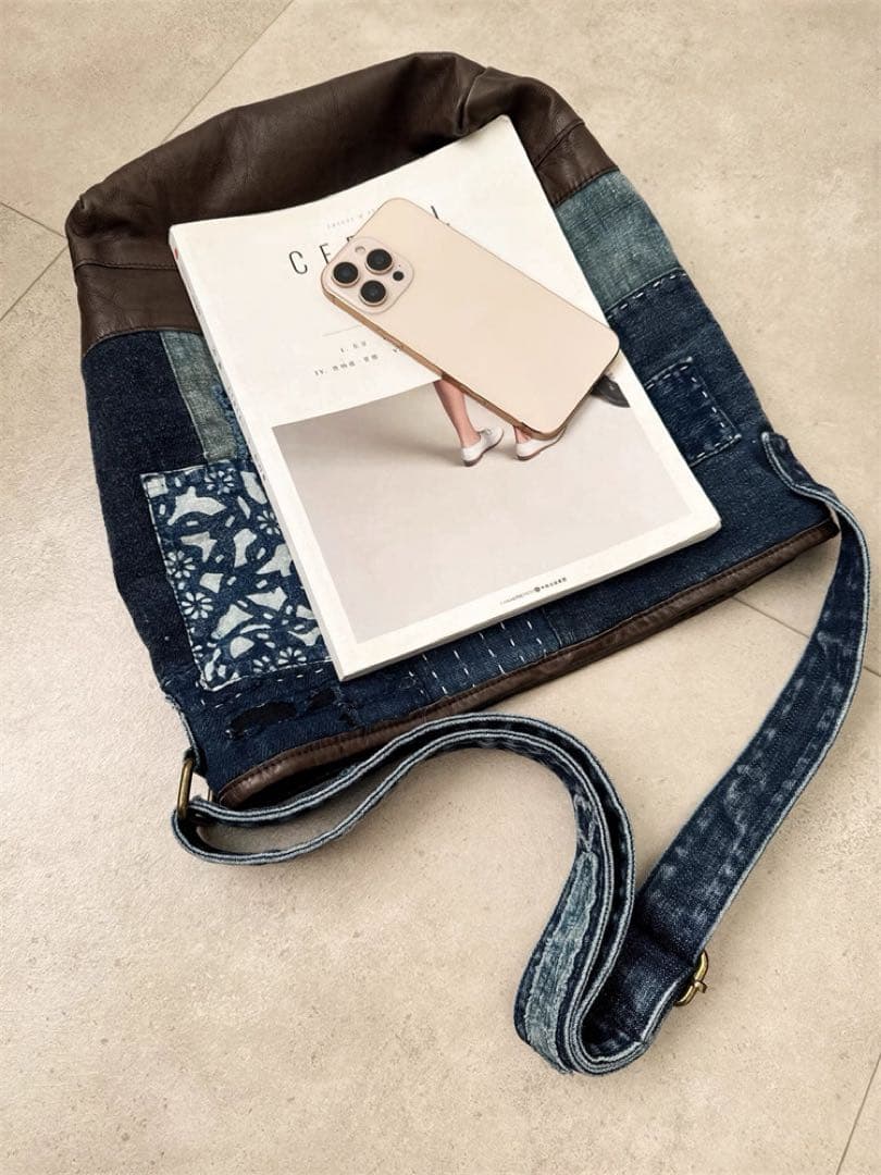 本革デニムと頭層牛革のバケットバッグハンドメイドの斜め掛けバッグ