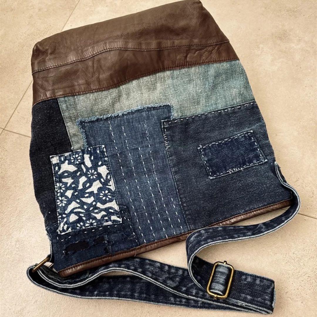 本革デニムと頭層牛革のバケットバッグハンドメイドの斜め掛けバッグ