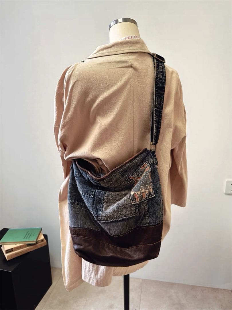 本革デニムと頭層牛革のバケットバッグハンドメイドの斜め掛けバッグ