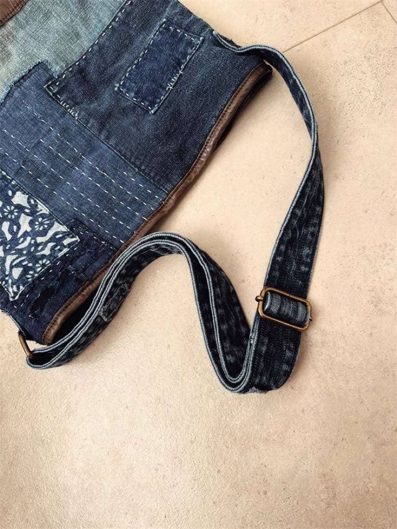 本革デニムと頭層牛革のバケットバッグハンドメイドの斜め掛けバッグ