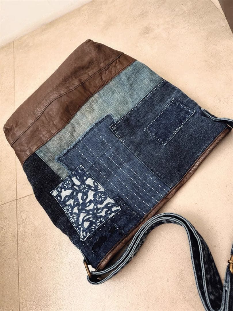 本革デニムと頭層牛革のバケットバッグハンドメイドの斜め掛けバッグ