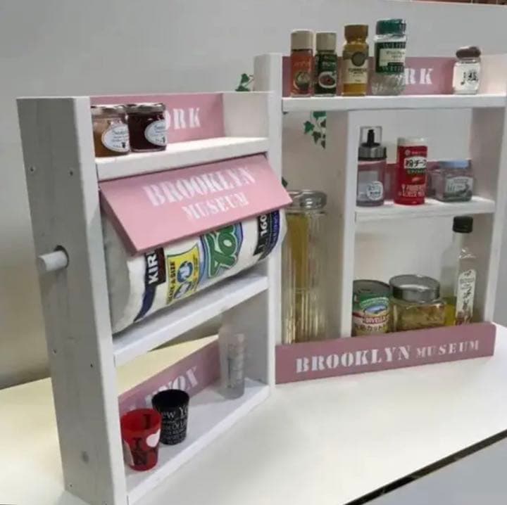 コストコペーパー対応3段スパイスラック中段＆パスタラック(WHxPINK)セット