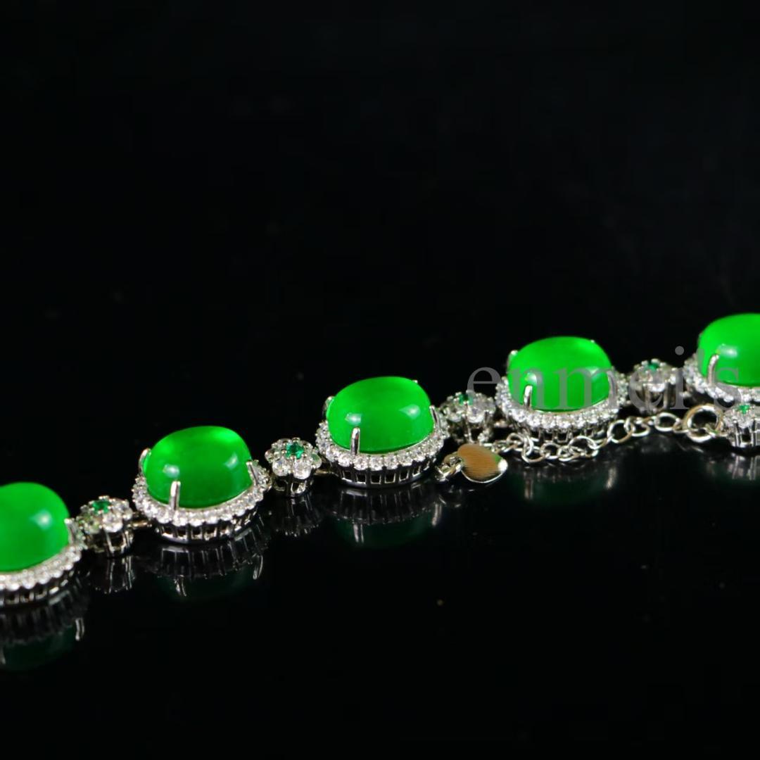 完璧な高氷種 翡翠ブレスレット【精巧な銀装飾】